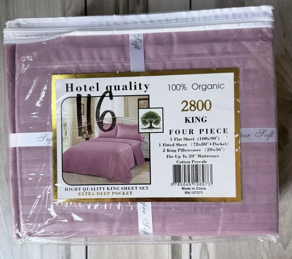 Hotel Quality 2800 Series 100% Organic Cotton Percale Lavender/ Pink King New